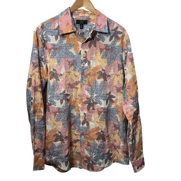 Club Room Lux Linen Shirt Long Sleeve Button Down Dress Tropical Leaf Mens Large - Picture 1 of 9